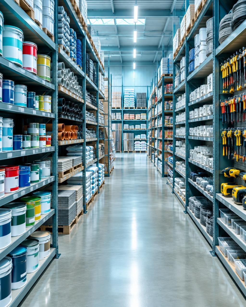 Warehouse aisle of stacked building materials and hardware shelves